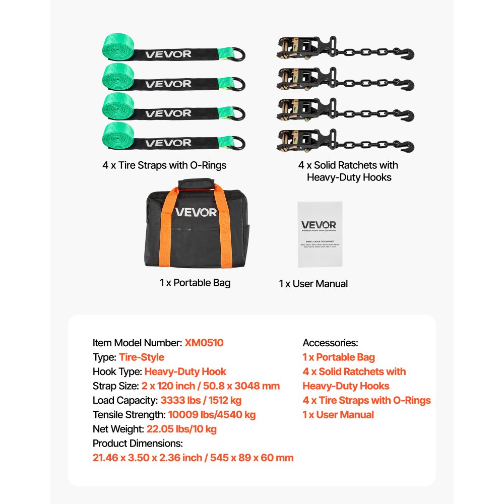 VEVOR Kit de Amarre de Calzo de Ruedas 50,8 x 3048 mm, Correas de Amarre para Rueda con Gancho Resistente, Resistencia a la Rotura de 4540 kg, Carga de Trabajo de 1512 kg, para ATV, SUV, Negro Verde