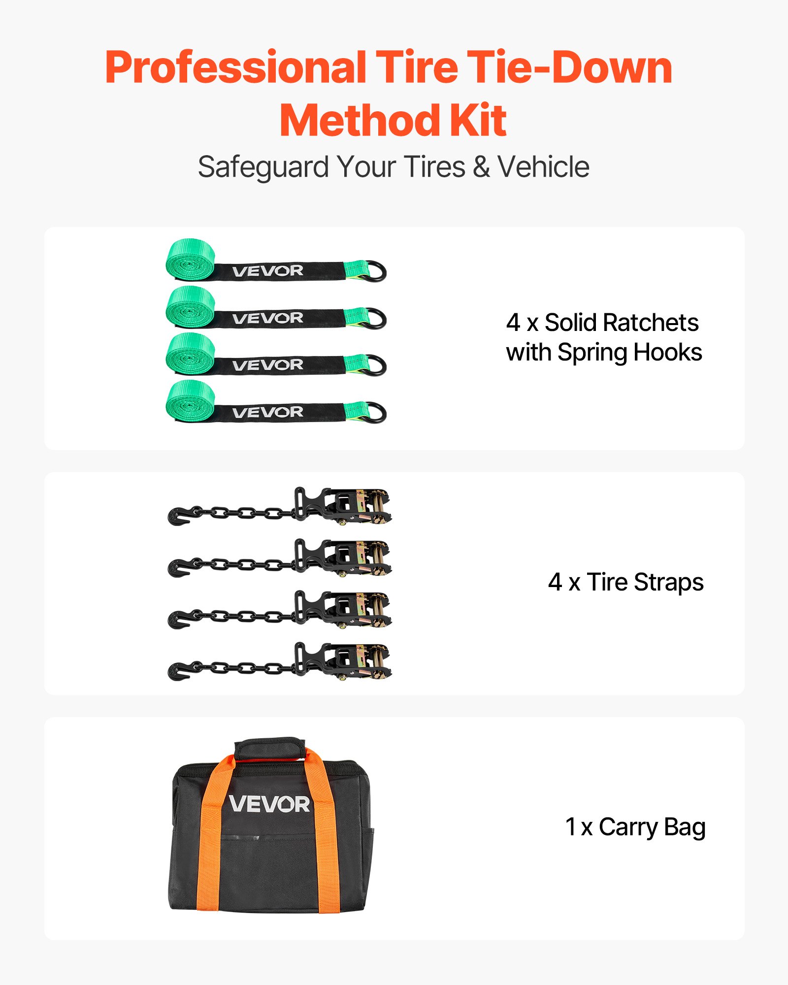 VEVOR Kit de Amarre de Calzo de Ruedas 50,8 x 3048 mm, Correas de Amarre para Rueda con Gancho Resistente, Resistencia a la Rotura de 4540 kg, Carga de Trabajo de 1512 kg, para ATV, SUV, Negro Verde