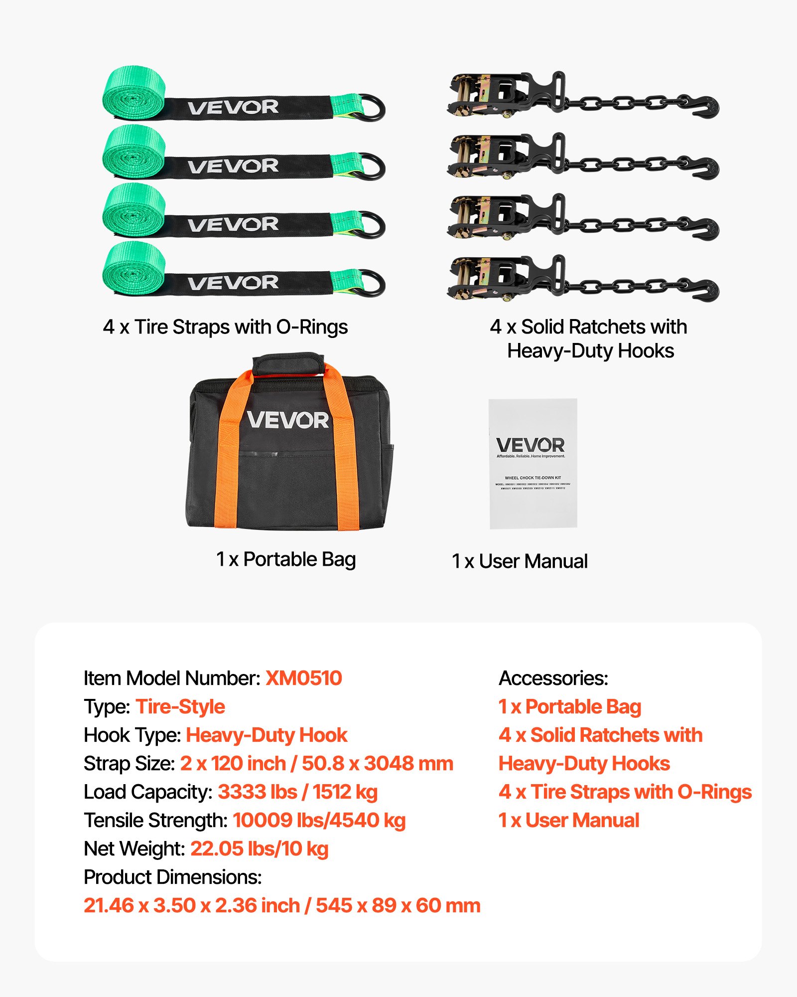 VEVOR Kit de Amarre de Calzo de Ruedas 50,8 x 3048 mm, Correas de Amarre para Rueda con Gancho Resistente, Resistencia a la Rotura de 4540 kg, Carga de Trabajo de 1512 kg, para ATV, SUV, Negro Verde