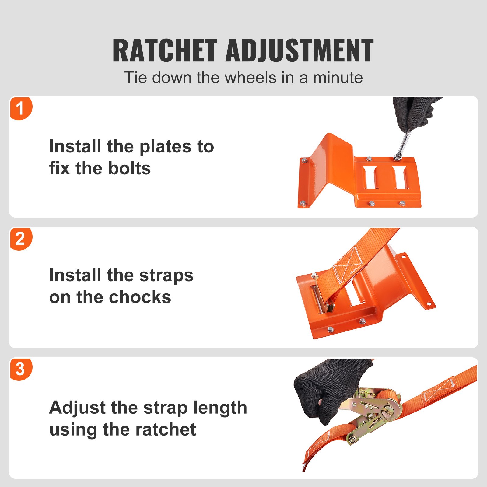 VEVOR Kit de amarre para ruedas, kit de correa de amarre de 2 x 96 pulgadas, sistema de amarre para remolque resistente para ruedas de 10 a 23 pulgadas, ATV, UTV, remolque, cortacésped, 4 pcs