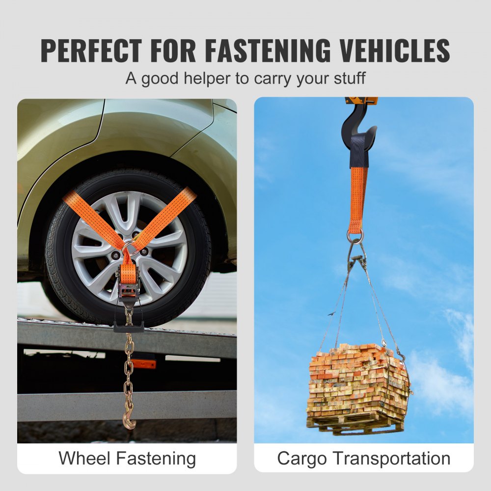 VEVOR Amarre para automóvil con anclajes de cadena, correas para neumáticos estilo lazo de 2"x120", carga de trabajo de 5865 libras, resistencia a la rotura de 11023 libras, con trinquetes resistentes