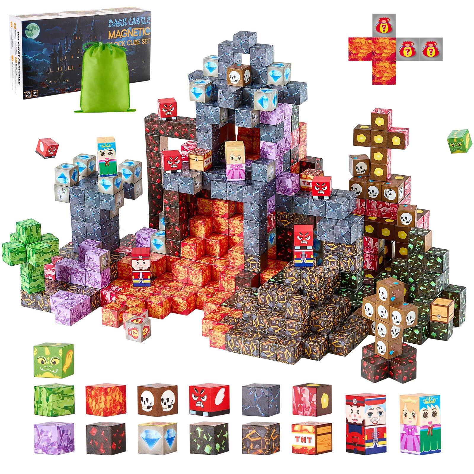 VEVOR Magnetic Blocks, 100 PCS Dark Castle Set, Magnetic Building Cubes for Kids, STEM Montessori Sensory Toys for Christmas Birthday Gift, Construction Stacking Toy for 3+ Years Old Boys & Girls