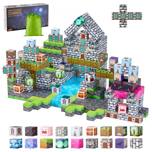 VEVOR Bloques Magnéticos, Juego de 100 Piezas de Zombis de Cementerio Cubos de Construcción Magnéticos, Juguetes Sensoriales STEM Montessori de Construcción Apilable para Niños de 3 Años o Más