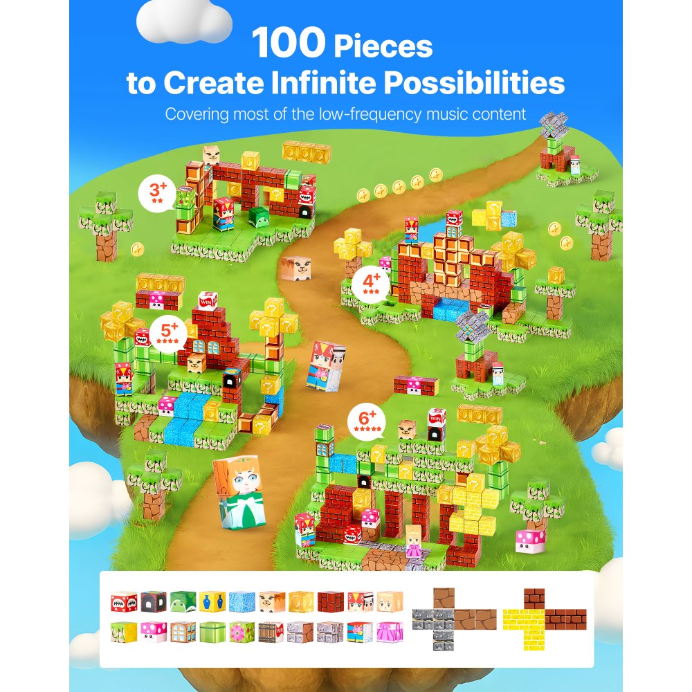 VEVOR Bloques Magnéticos, Juego de 100 Piezas de Escena de Mario Cubos de Construcción Magnéticos, Juguetes Sensoriales STEM Montessori de Construcción Apilable para Niños de 3 Años o Más