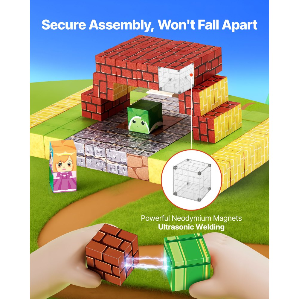 VEVOR Bloques Magnéticos, Juego de 100 Piezas de Escena de Mario Cubos de Construcción Magnéticos, Juguetes Sensoriales STEM Montessori de Construcción Apilable para Niños de 3 Años o Más