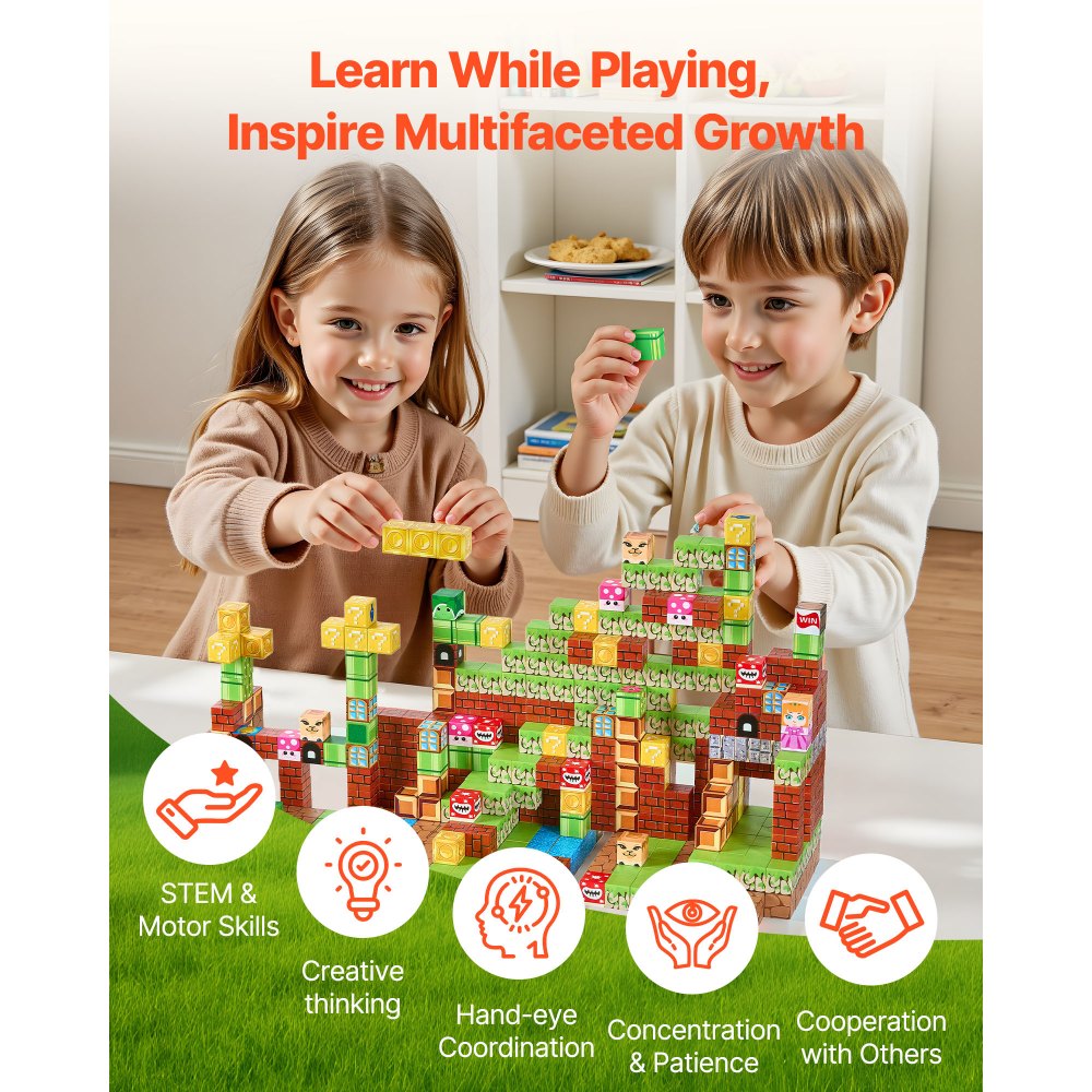 VEVOR Bloques Magnéticos, Juego de 100 Piezas de Escena de Mario Cubos de Construcción Magnéticos, Juguetes Sensoriales STEM Montessori de Construcción Apilable para Niños de 3 Años o Más