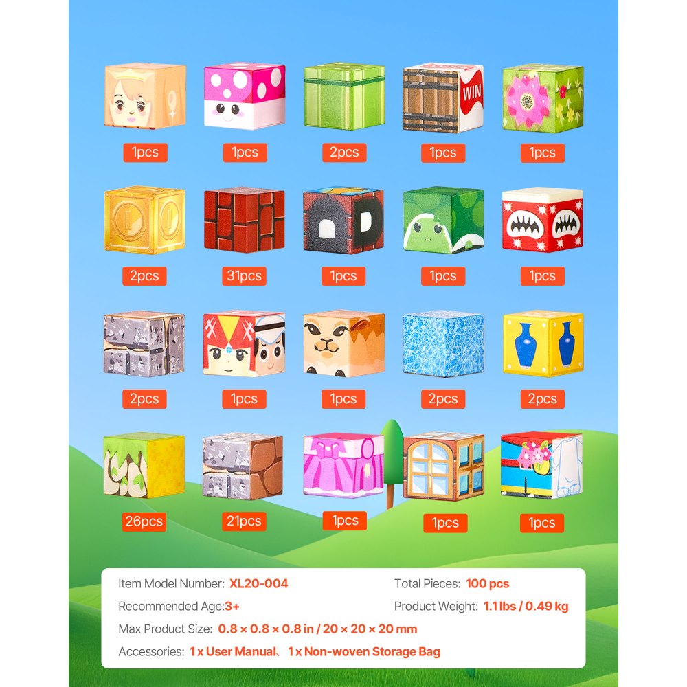 VEVOR Bloques Magnéticos, Juego de 100 Piezas de Escena de Mario Cubos de Construcción Magnéticos, Juguetes Sensoriales STEM Montessori de Construcción Apilable para Niños de 3 Años o Más