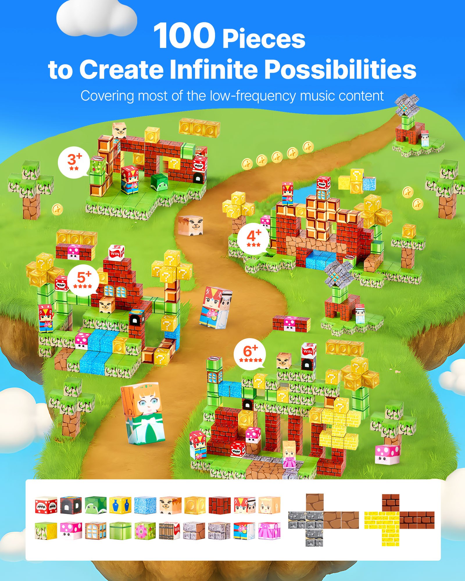VEVOR Bloques Magnéticos, Juego de 100 Piezas de Escena de Mario Cubos de Construcción Magnéticos, Juguetes Sensoriales STEM Montessori de Construcción Apilable para Niños de 3 Años o Más