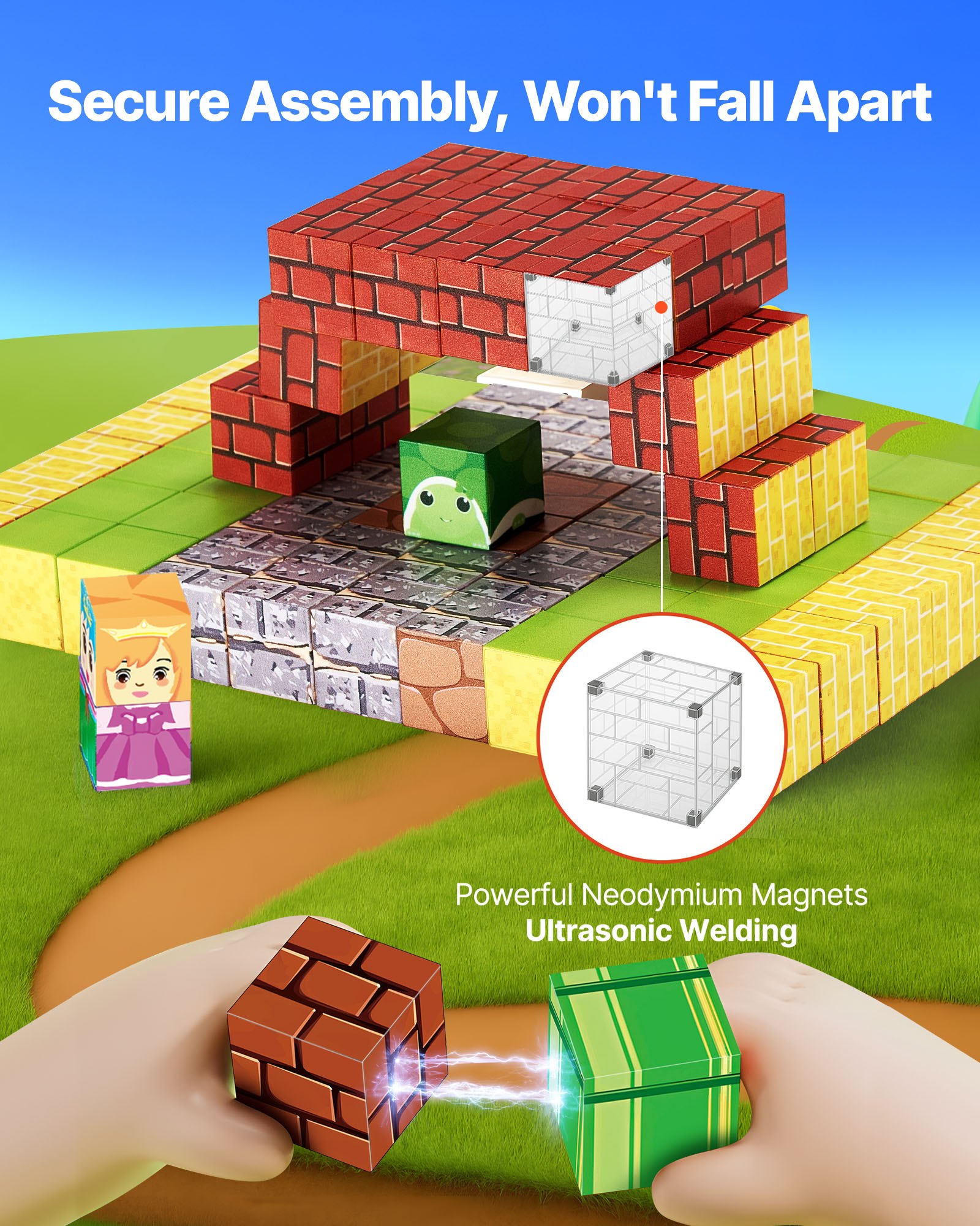 VEVOR Bloques Magnéticos, Juego de 100 Piezas de Escena de Mario Cubos de Construcción Magnéticos, Juguetes Sensoriales STEM Montessori de Construcción Apilable para Niños de 3 Años o Más