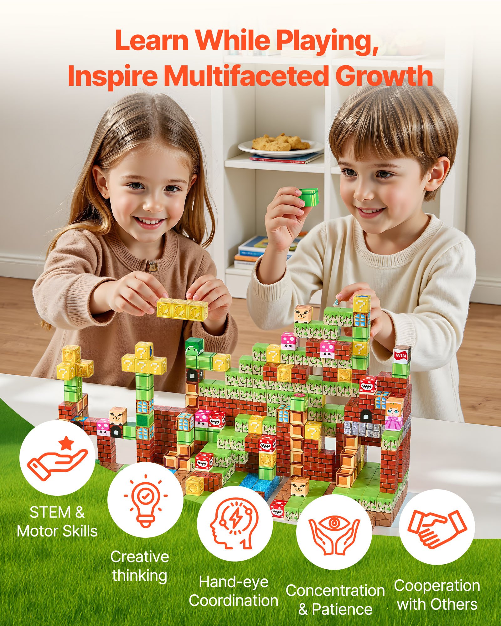 VEVOR Bloques Magnéticos, Juego de 100 Piezas de Escena de Mario Cubos de Construcción Magnéticos, Juguetes Sensoriales STEM Montessori de Construcción Apilable para Niños de 3 Años o Más