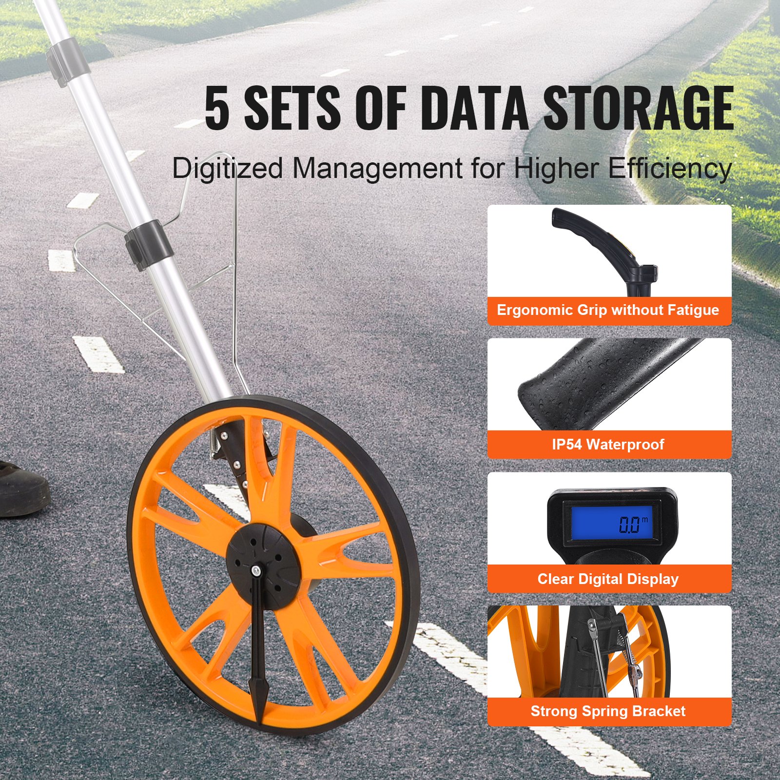 Rueda de medición VEVOR con agarre ergonómico, resistente al agua ip54, pantalla digital en carretera asfaltada.