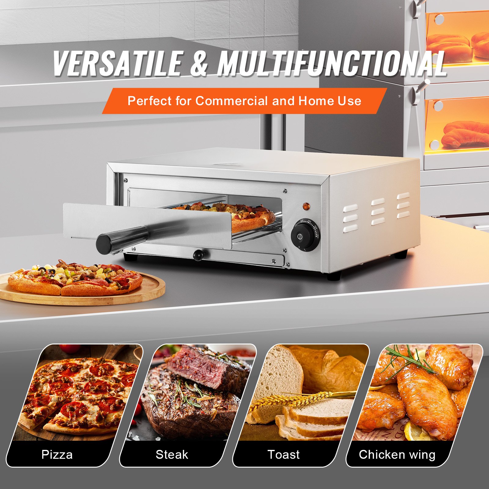 VEVOR Electric Pizza Oven for Countertop Use, 12 inch, 1500 W, Temperature Range 0-300 °C, Stainless Steel Construction and Easy-to-Clean Crumb Tray, Suitable for Commercial and Home Use