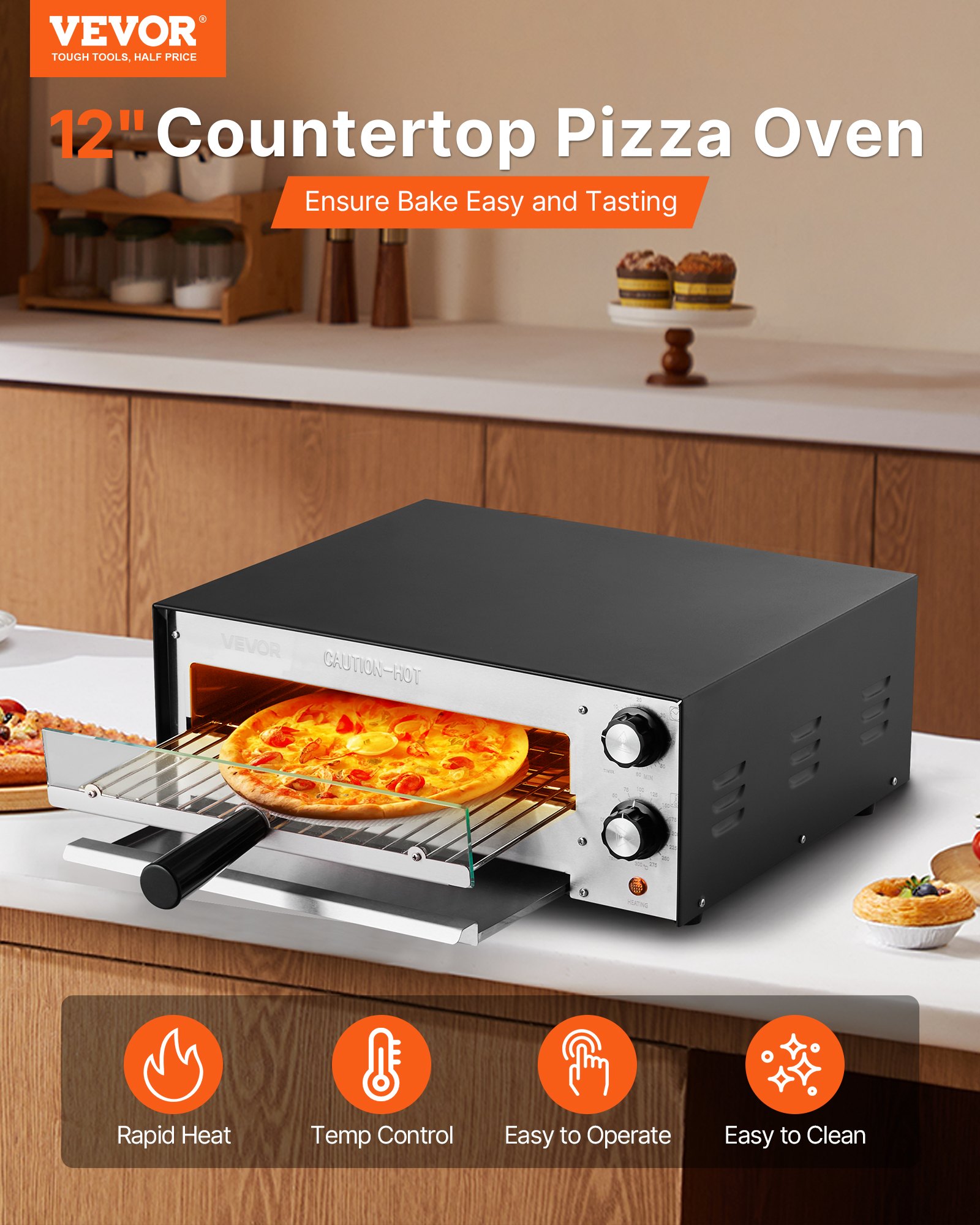 VEVOR Horno de Pizza Eléctrico de 30 cm para Encimera, Temperatura 25 a 300 °C, 1450 W, Control de Tiempo y Temperatura, con Tubo de Calor Doble y Bandeja Recogemigas, a Restaurantes y Cocinas