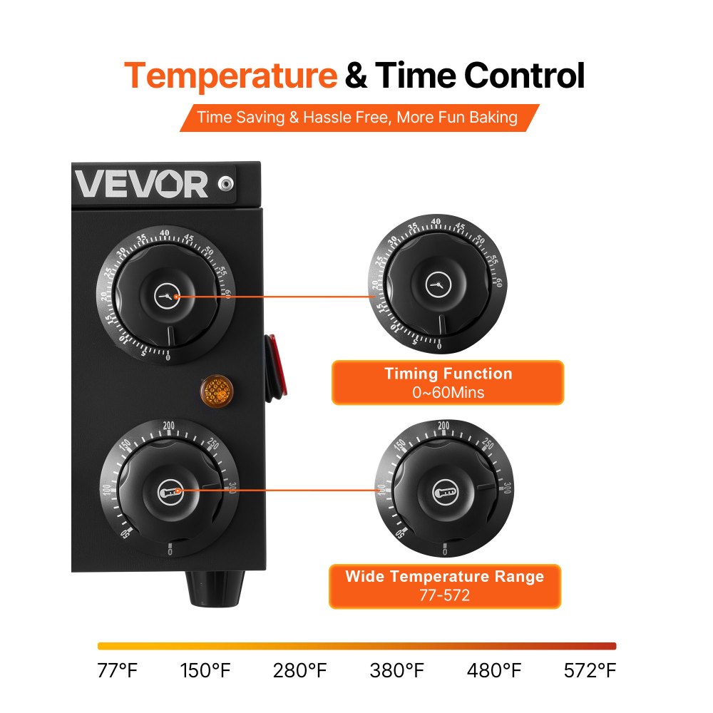 VEVOR Horno Eléctrico para Pizza, Horno de Sobremesa, 25-300 °C, 1450 W, con Control de Tiempo y Temperatura, Dos Resistencias y Parrilla, Ideal para Cocinas y Hostelería, 475 x 536 x 187 mm