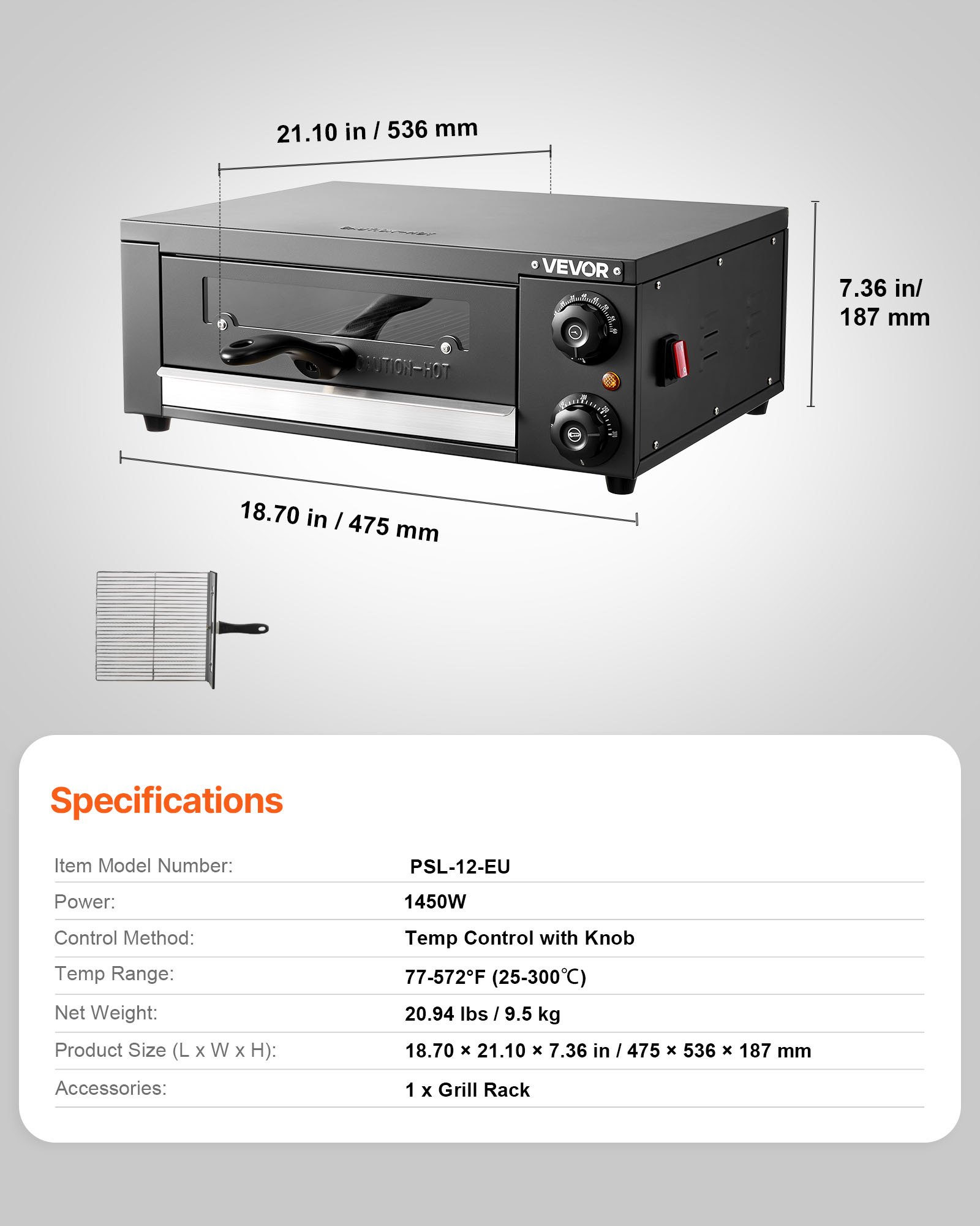 VEVOR Horno Eléctrico para Pizza, Horno de Sobremesa, 25-300 °C, 1450 W, con Control de Tiempo y Temperatura, Dos Resistencias y Parrilla, Ideal para Cocinas y Hostelería, 475 x 536 x 187 mm