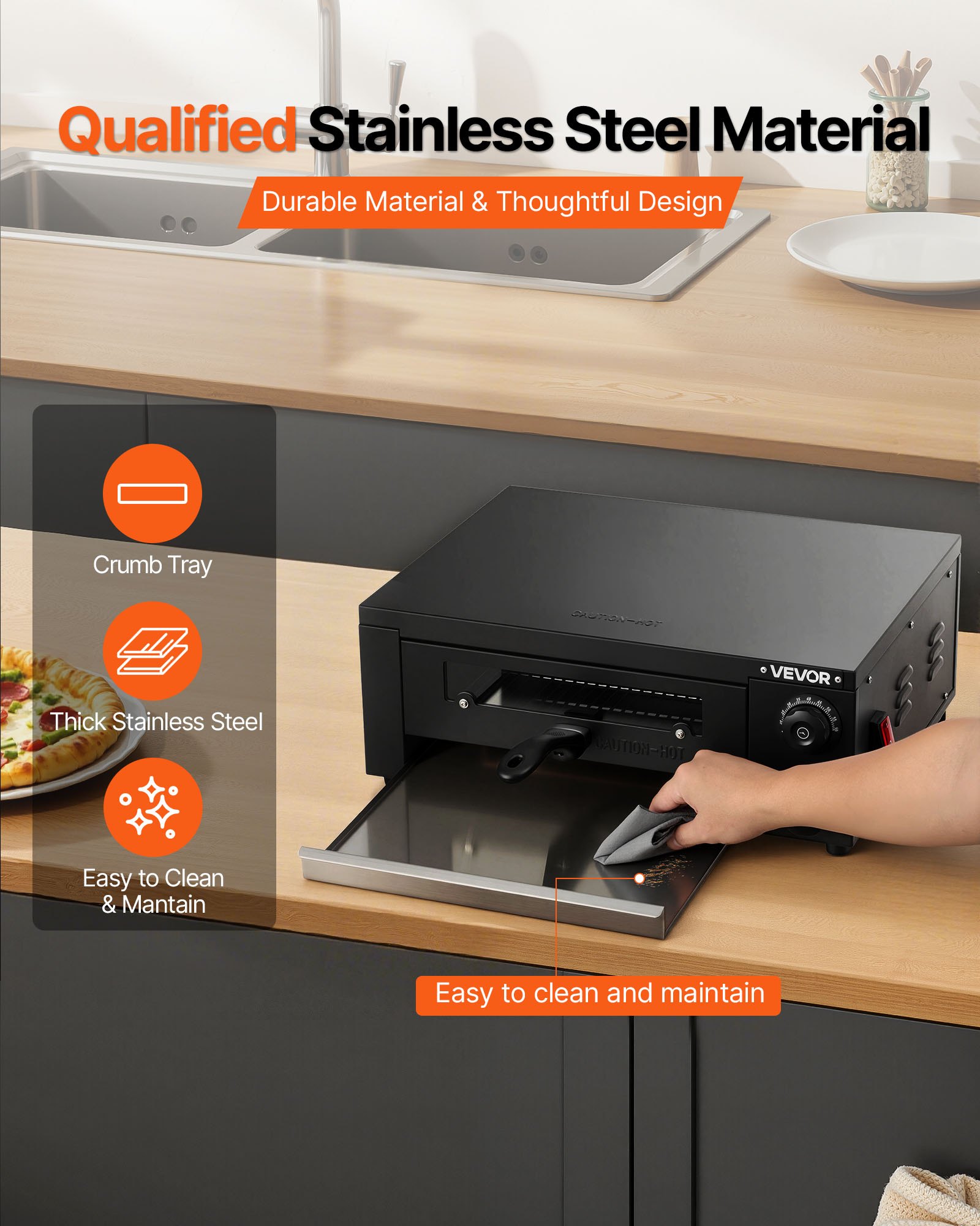 VEVOR Horno Eléctrico para Pizza, Horno de Sobremesa, 25-300 °C, 1450 W, con Control de Tiempo y Temperatura, Dos Resistencias y Parrilla, Ideal para Cocinas y Hostelería, 475 x 536 x 187 mm