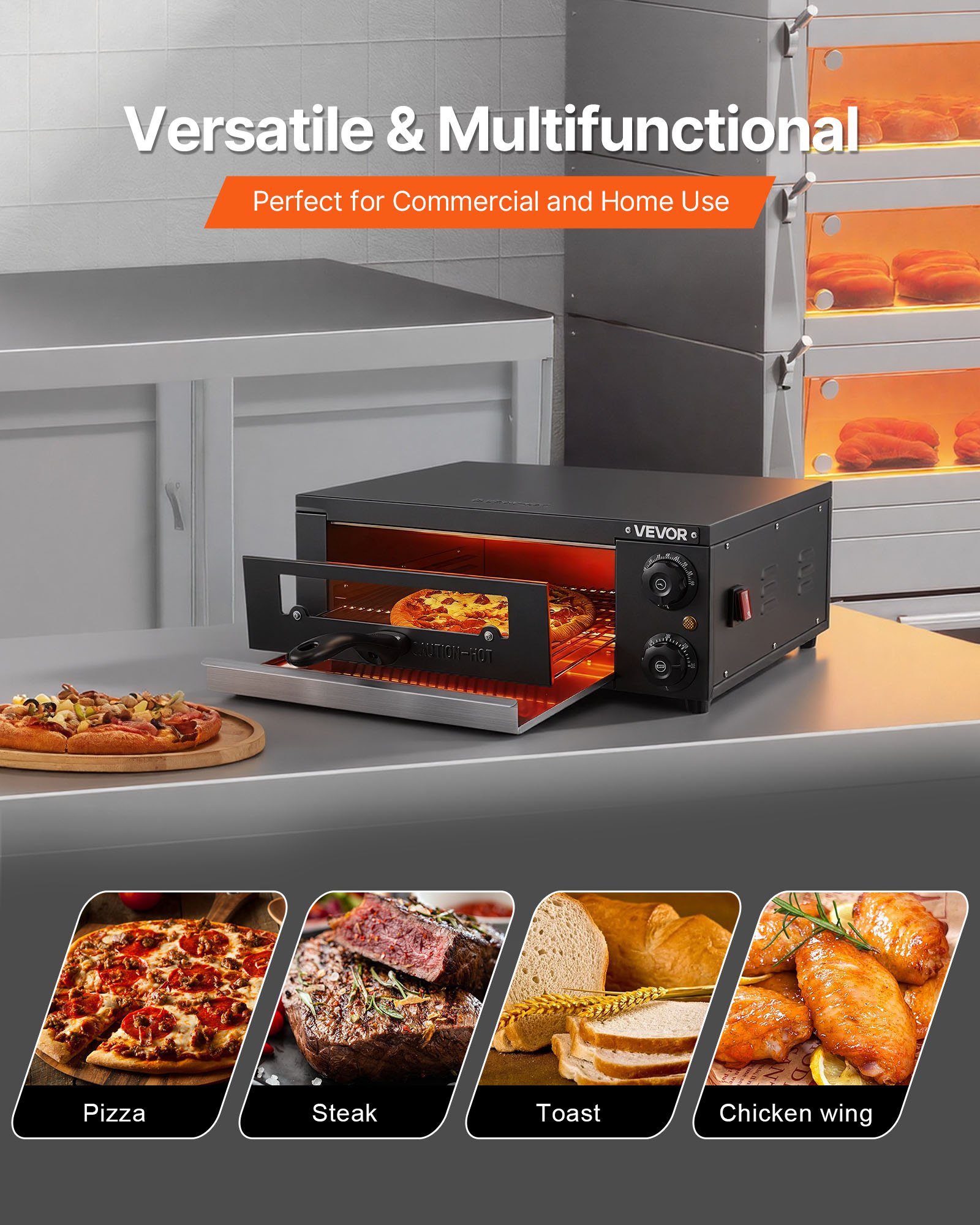 VEVOR Horno Eléctrico para Pizza, Horno de Sobremesa, 25-300 °C, 1450 W, con Control de Tiempo y Temperatura, Dos Resistencias y Parrilla, Ideal para Cocinas y Hostelería, 475 x 536 x 187 mm