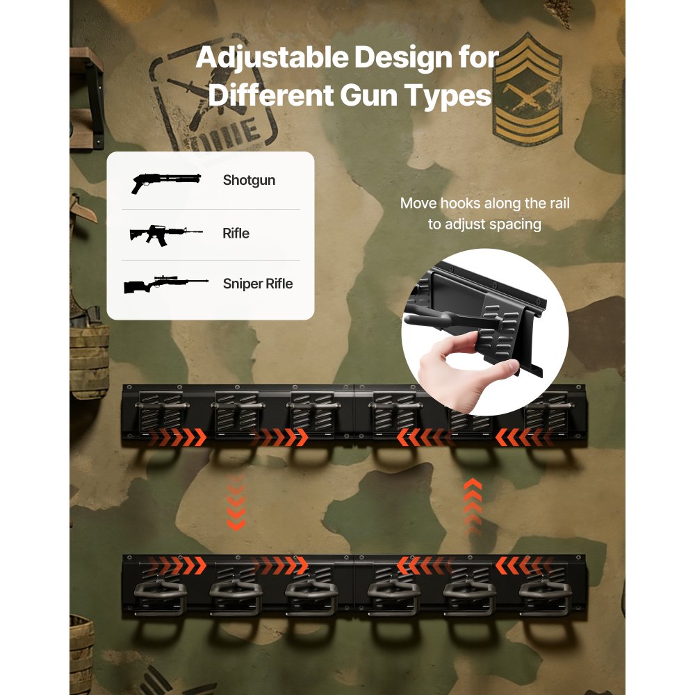 VEVOR Estante de Montaje en Pared para Armas de Fuego, Capacidad de 8 Escopetas, Soporte de Almacenamiento para Rifles, Ganchos Ajustables, Acero al Carbono, para Exhibición Garaje Taller Tienda Hogar