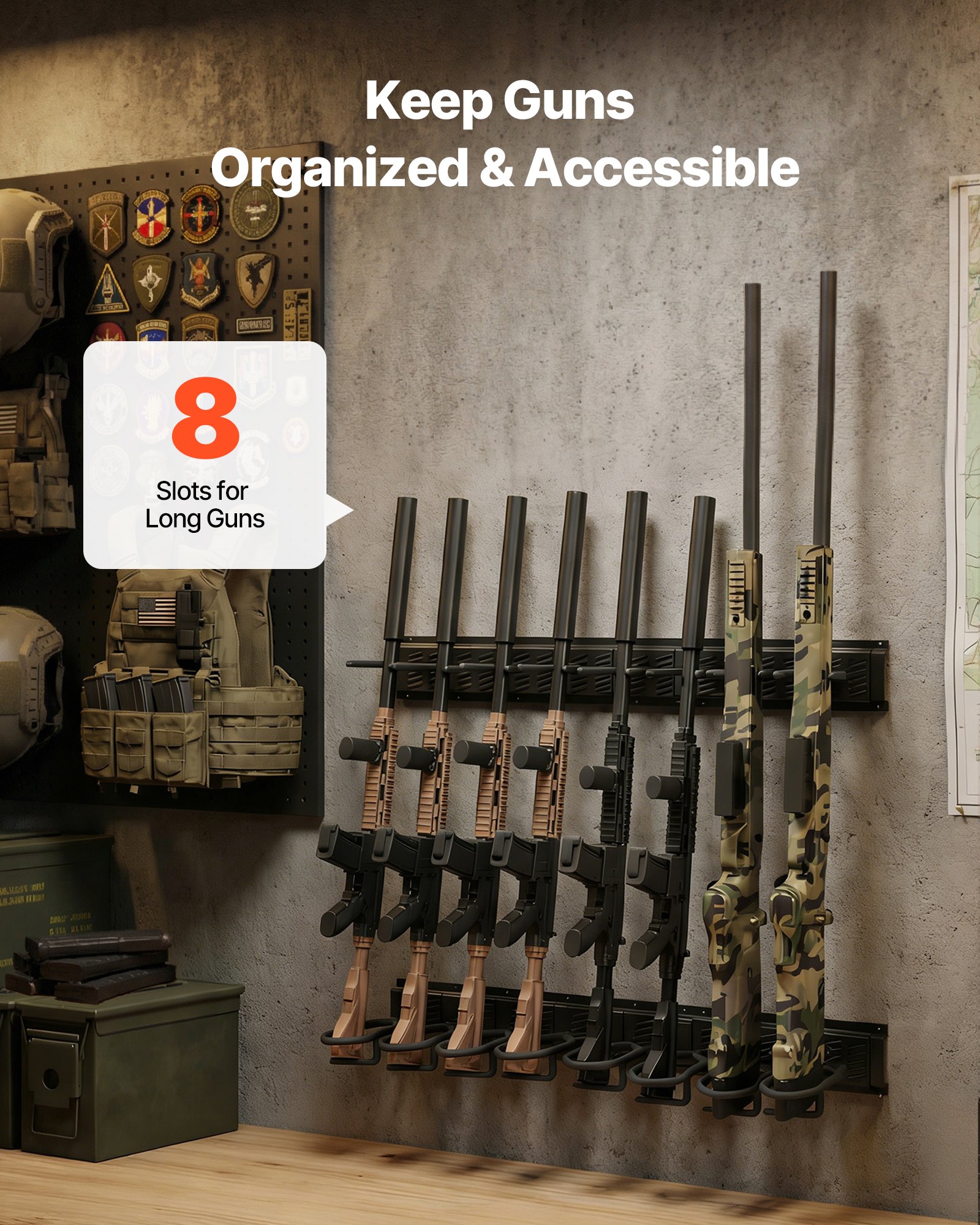 VEVOR Estante de Montaje en Pared para Armas de Fuego, Capacidad de 8 Escopetas, Soporte de Almacenamiento para Rifles, Ganchos Ajustables, Acero al Carbono, para Exhibición Garaje Taller Tienda Hogar