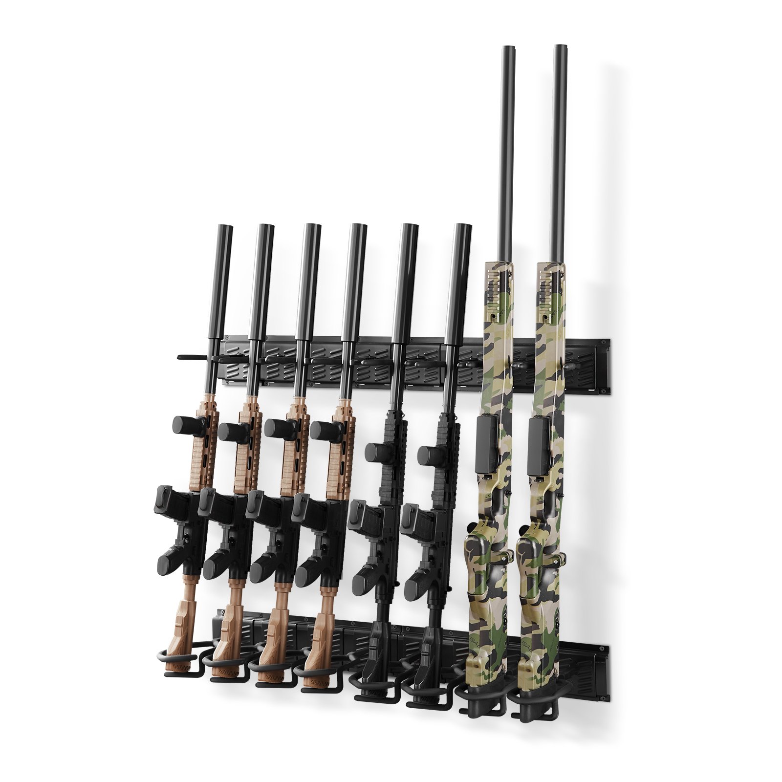 VEVOR Estante de Montaje en Pared para Armas de Fuego, Capacidad de 8 Escopetas, Soporte de Almacenamiento para Rifles, Ganchos Ajustables, Acero al Carbono, para Exhibición Garaje Taller Tienda Hogar