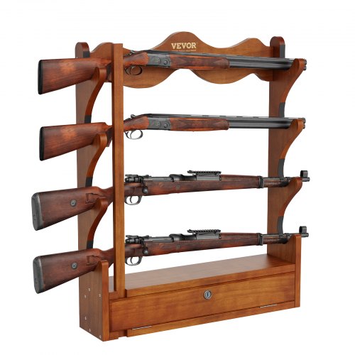 Estante para armas VEVOR, estante para armas de madera con 4 ranuras, estante de exhibición para armas de montaje en pared, con capacidad para 4 rifles