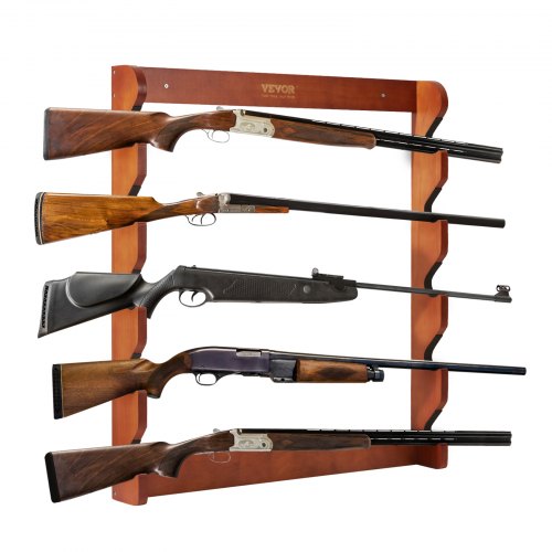 Estante para armas VEVOR, estante para armas de madera con 5 ranuras, estante de exhibición para armas de montaje en pared, con capacidad para 5 rifles
