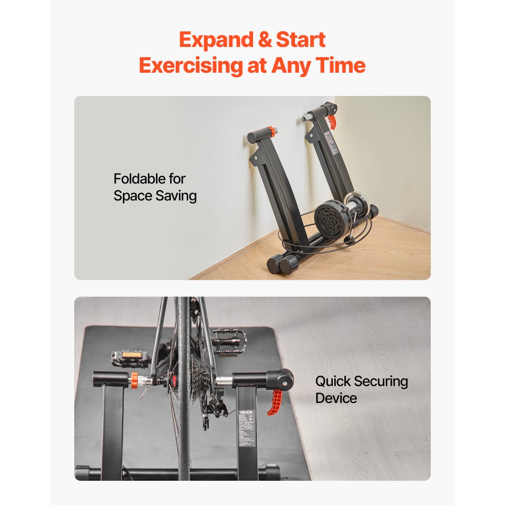 VEVOR Rodillo de Entrenamiento para Ruedas de 660,4-736,6 mm, 6 Niveles de Resistencia, Plegable, Magnético, con Liberación Rápida y Almohadilla para Rueda Delantera, Color Negro, Carga de 150 kg