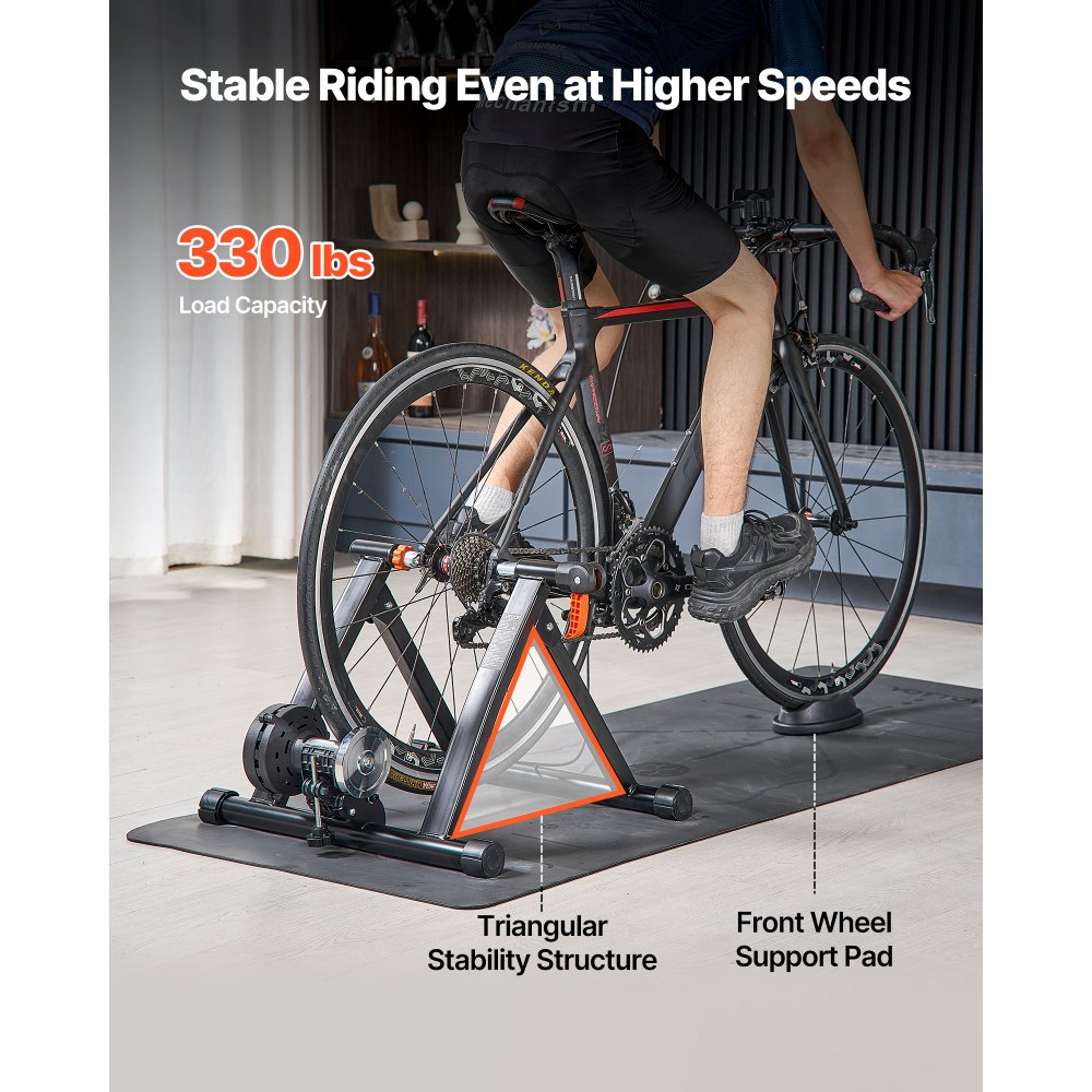 VEVOR Rodillo de Entrenamiento para Ruedas de 660,4-736,6 mm, 6 Niveles de Resistencia, Plegable, Magnético, con Liberación Rápida y Almohadilla para Rueda Delantera, Color Negro, Carga de 150 kg