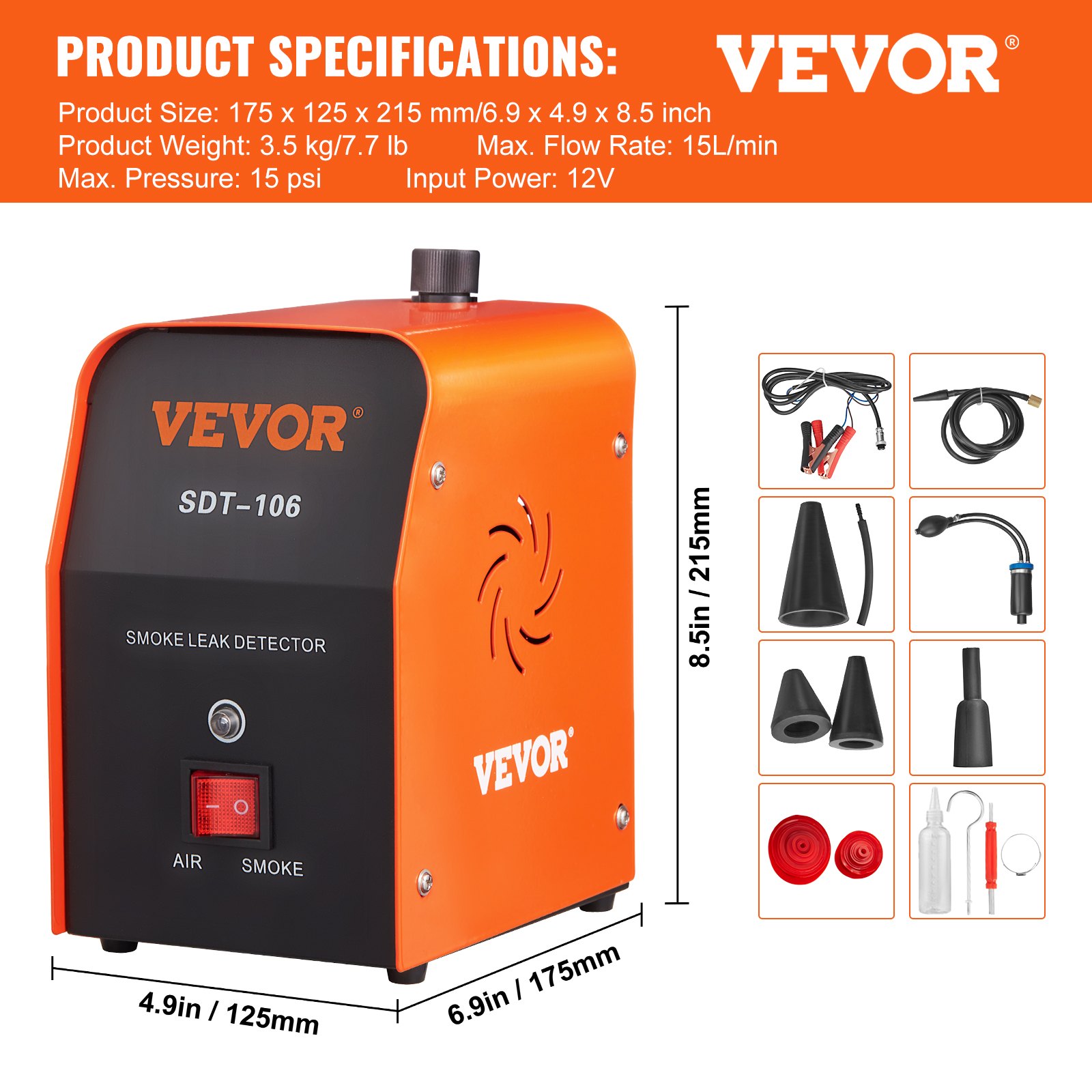 VEVOR Detector de Fugas de Combustible Flujo de 15 L/min Sistema de Tubería de Combustible EVAP Probador de Máquina de Humo Máquina de Prueba de Fugas 15 PSI para Automóvil Motocicleta Camioneta
