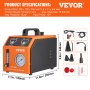 Detector de fugas de humo VEVOR con dimensiones, componentes y especificaciones mostradas sobre un fondo blanco.