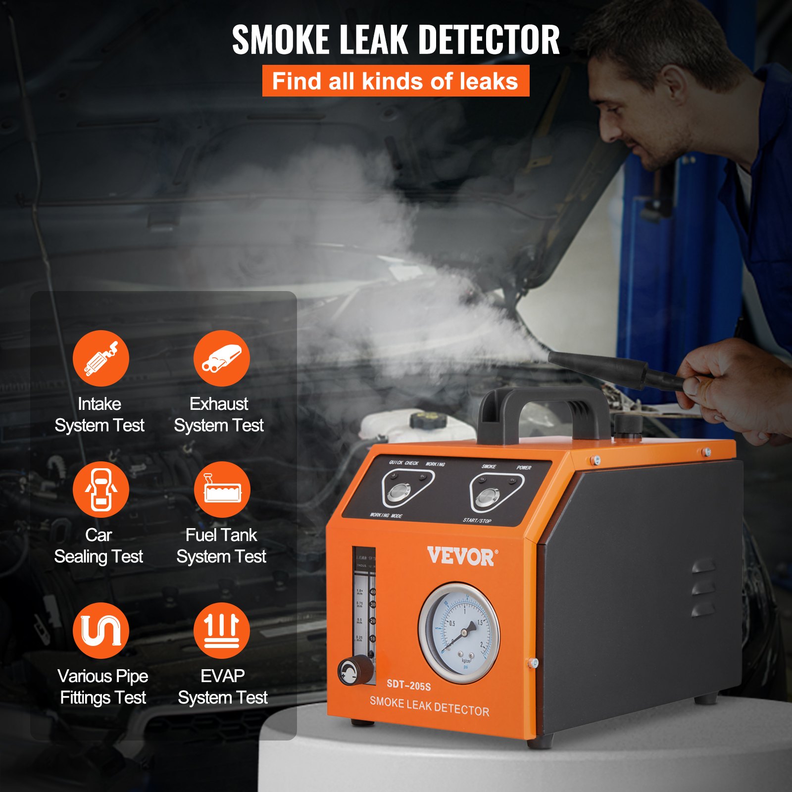 Detector de fugas de humo VEVOR en acción, mostrando pruebas de admisión, escape, tanque de combustible, evaporación, sellado del automóvil y tuberías.