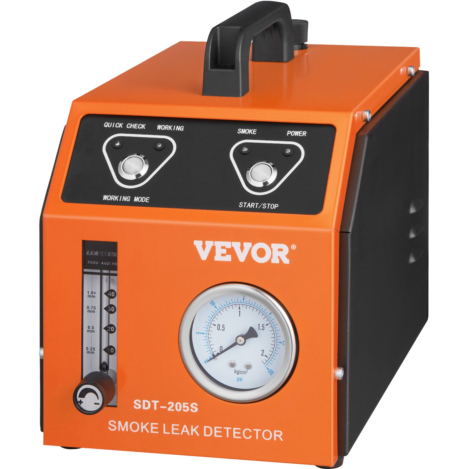 Detector de fugas de humo naranja VEVOR sdt-205s con perillas de control, medidor y asa de transporte.