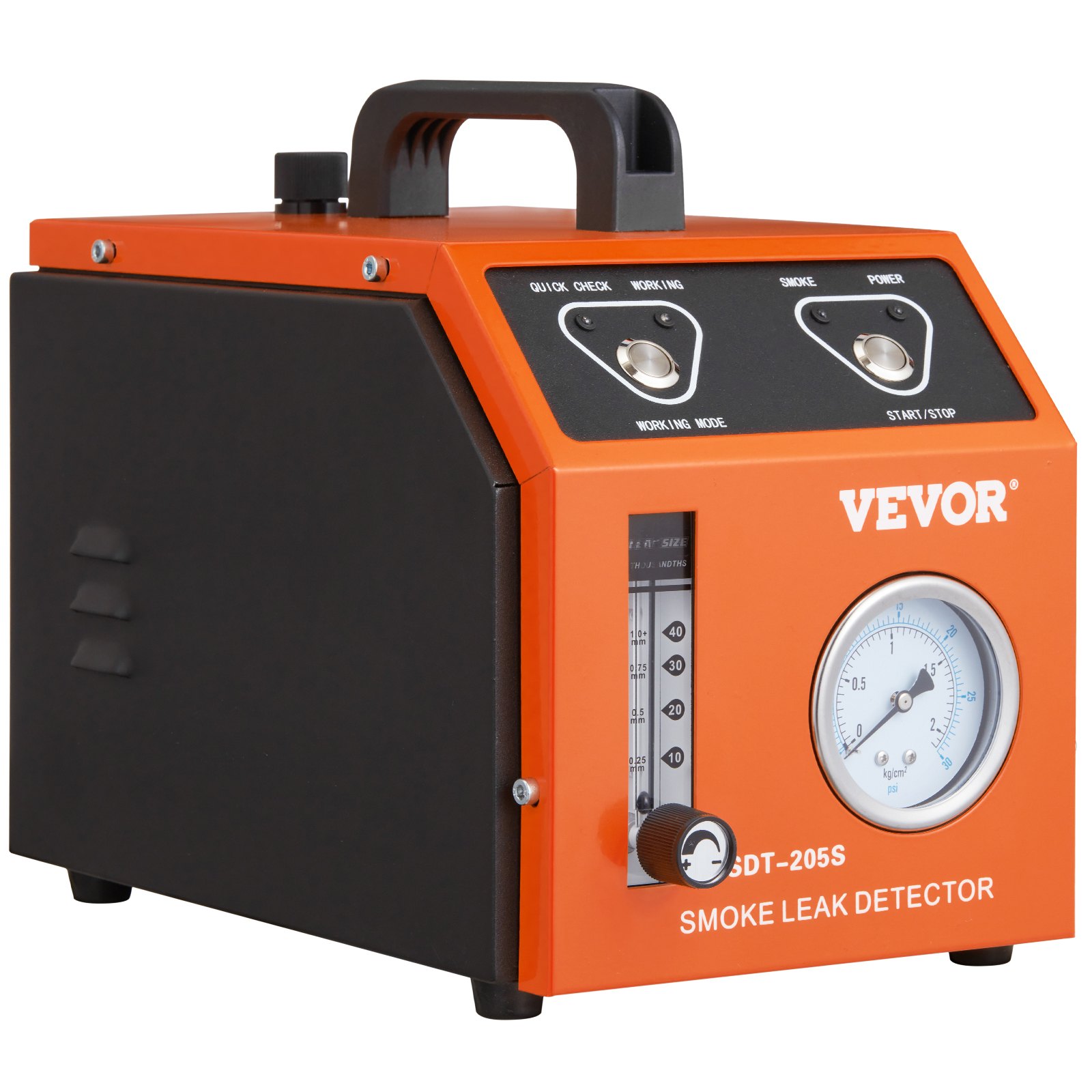 Detector de fugas de humo VEVOR en color naranja y negro con asa, manómetro y botones de control.