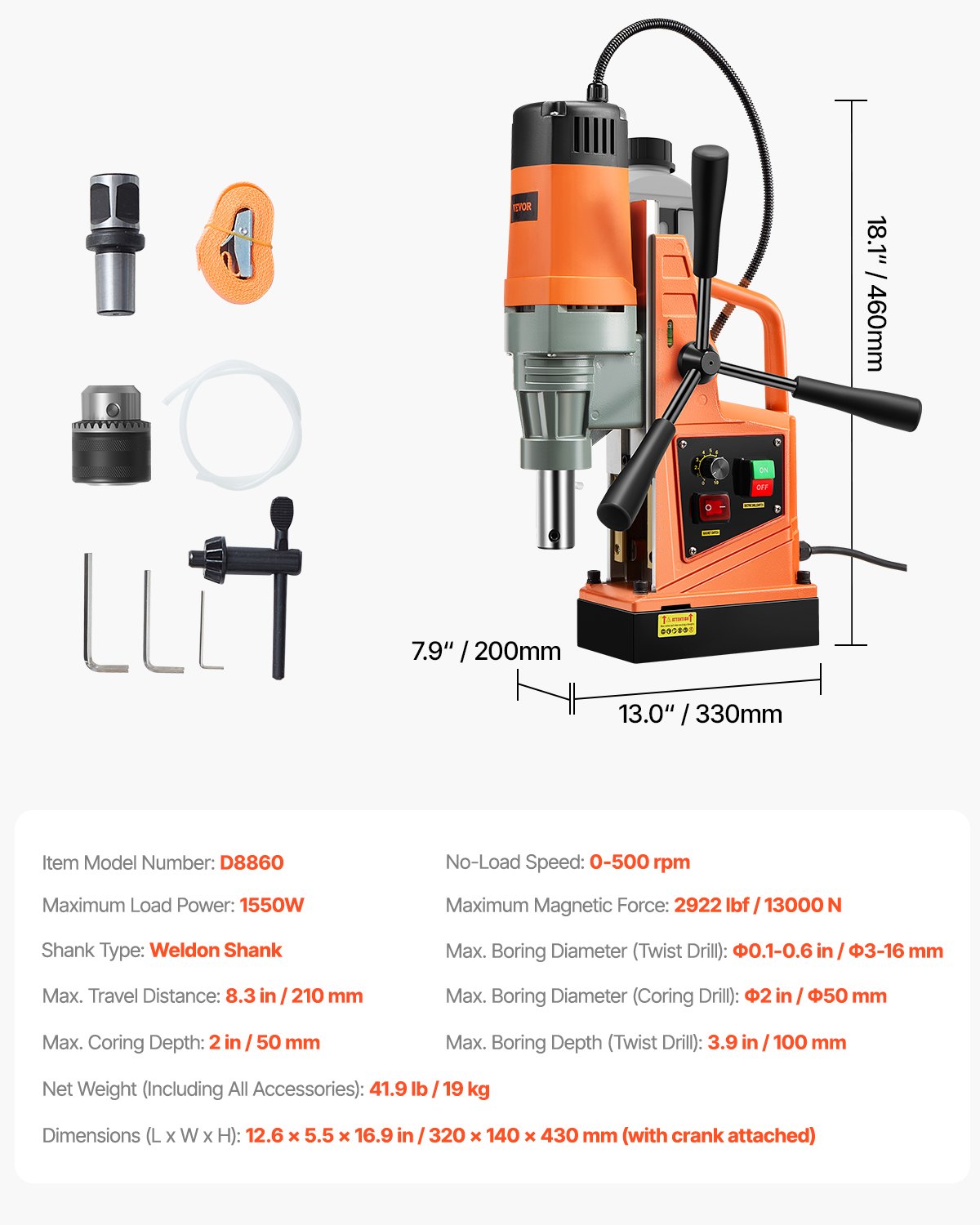 Taladro magnético VEVOR 1550W 2922lbf/13000N Taladro magnético portátil 500RPM