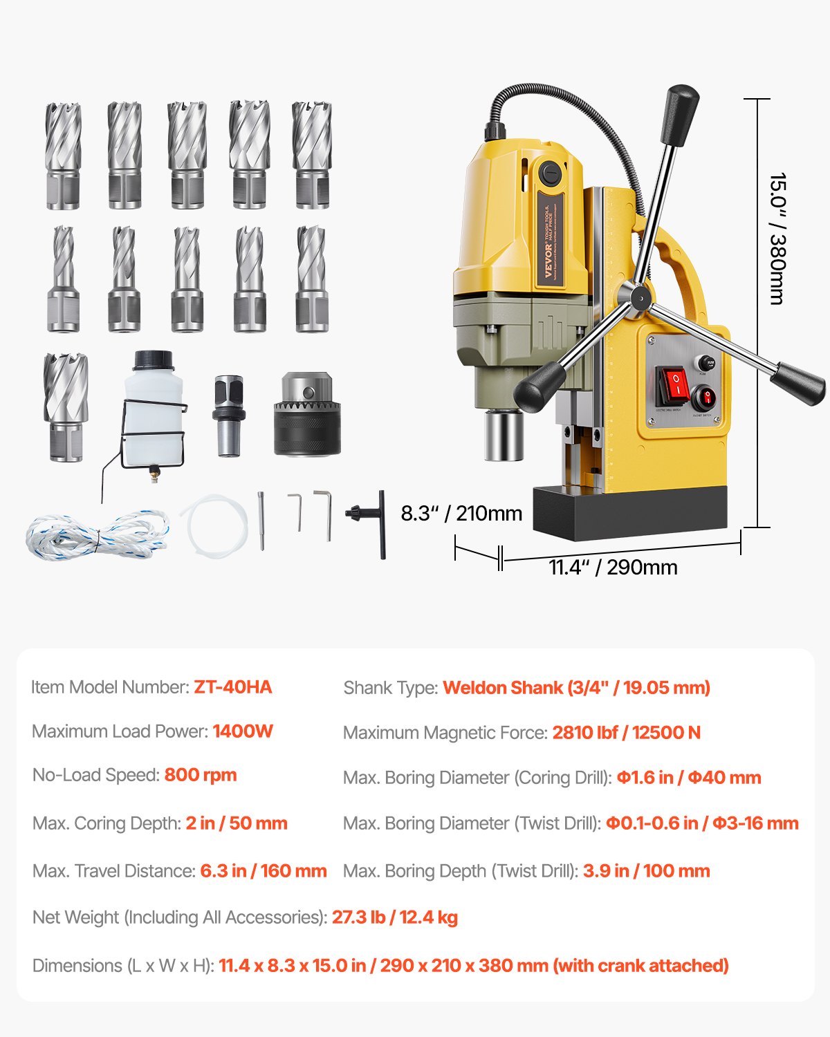 VEVOR 1400 W Taladro Magnético, Taladro de Columna Magnético Portátil de 12500 N con 11 Brocas de Perforación, Diámetro de Perforación de 40 mm, Velocidad de 800 RPM, para Mejoras para el Hogar