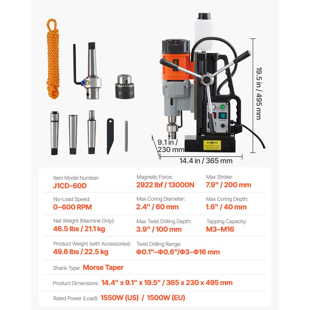 VEVOR Magnetic Drill Press, 1500 W, 60 mm Boring Diameter, 13000N Power Mag Drill Press, 0-600 RPM Adjustable Speed, Morse Taper, M3-M16 Tapping, for Metal Surface, Industrial and Home Improvement