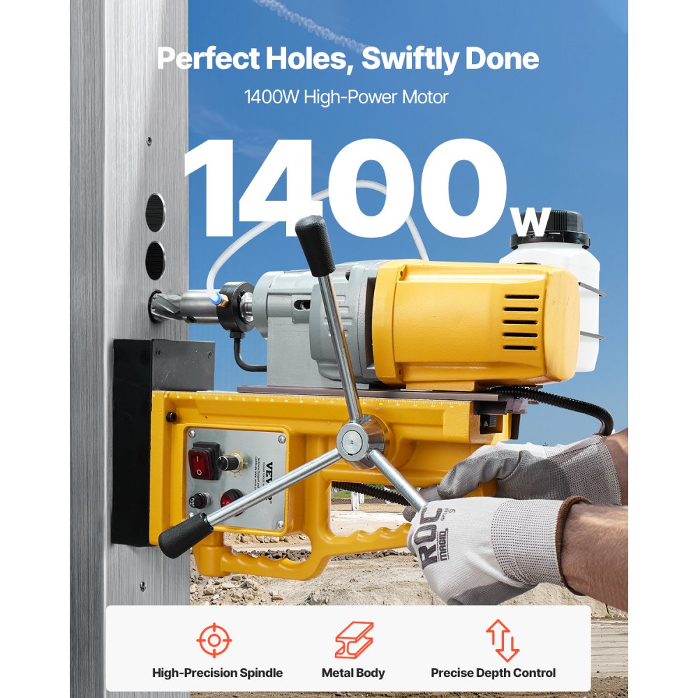 VEVOR 1400 W Taladro Magnético, Taladro de Columna Magnético Portátil de 13000 N, Diámetro de Perforación de 50 mm Velocidad Variable de 0 a 750 RPM, para Mejoras Industriales y del Hogar, Amarillo
