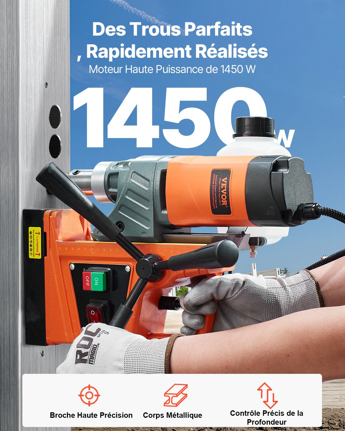 VEVOR Taladro Magnético 1450 W Taladro Prensa Portátil 12500N Velocidad continua de 850 rpm Diámetro del Orificio de Broca Central de 40 mm Profundidad de Perforación de 50 mm Taladro Electromagnético