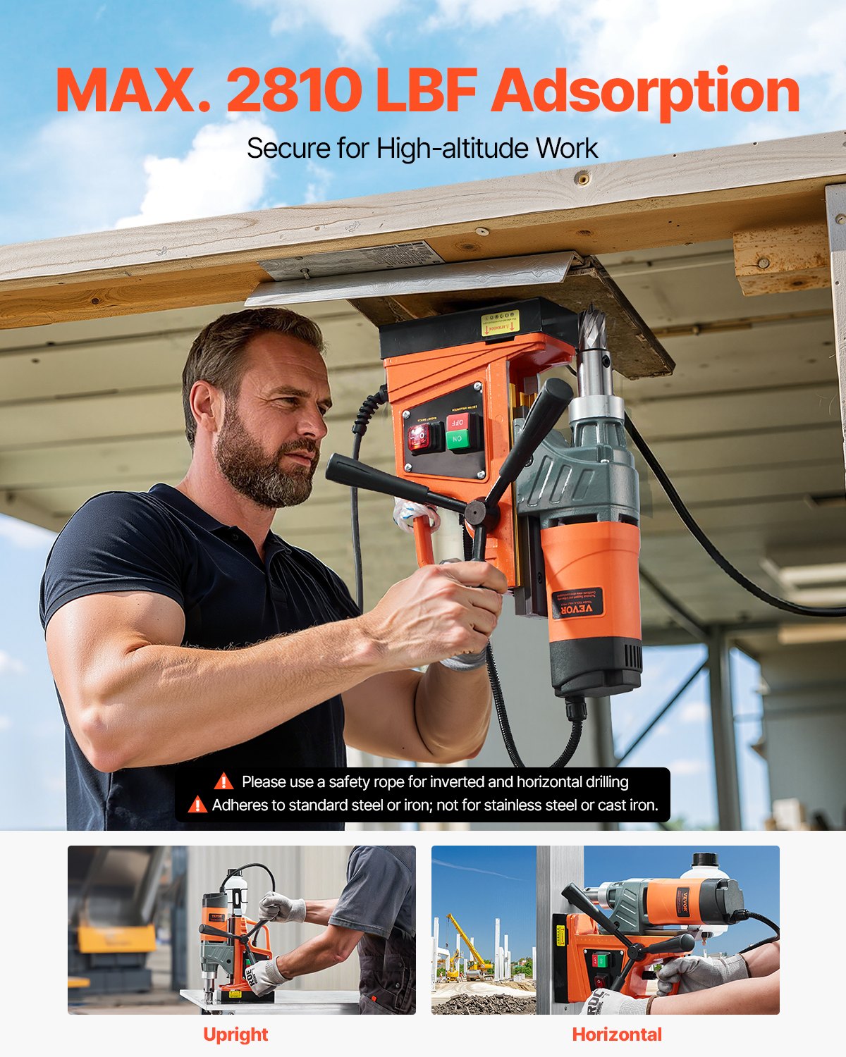 VEVOR Taladro Magnético 1450 W Taladro Prensa Portátil 12500N Velocidad continua de 850 rpm Diámetro del Orificio de Broca Central de 40 mm Profundidad de Perforación de 50 mm Taladro Electromagnético