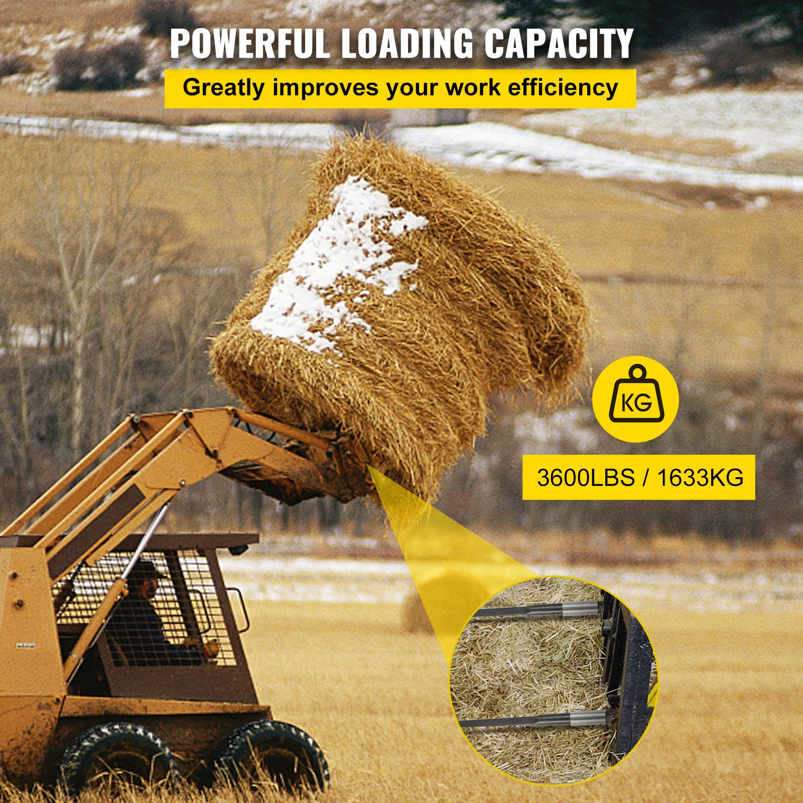 VEVOR Lanza para Heno de 99 cm, Lanza para Pacas de Heno de Capacidad de 1633 kg, Horquillas para Pacas con Revestimiento con Tuerca Hexagonal y Manguito para Baldes, Tractores y Cargadores, Negro