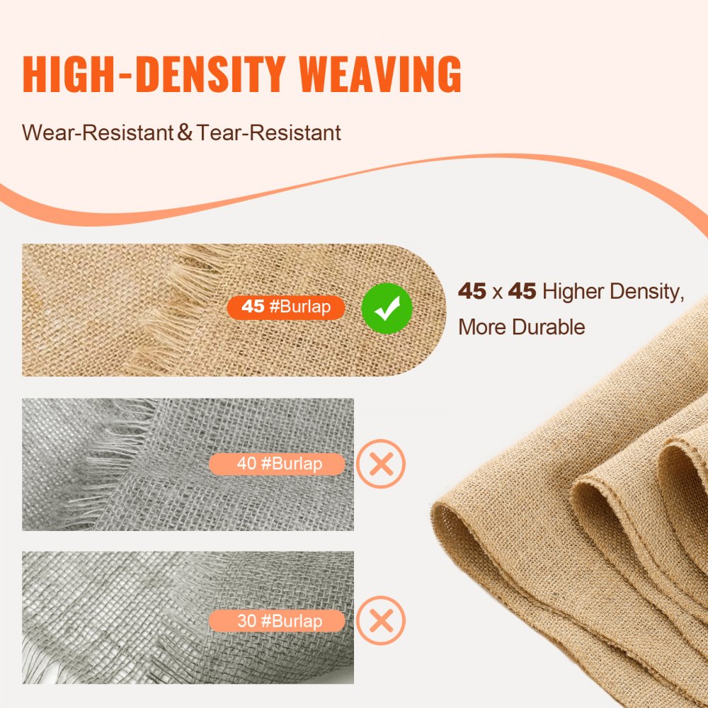 VEVOR Rollo de Tela de Arpillera de 355 mm x 45,7 m, 45 x 45 Rollos de Tela de Arpillera Natural de Alta Densidad de ancho, Rollo de Tela de Yute para Envolver Árboles, Decoración, Manualidades