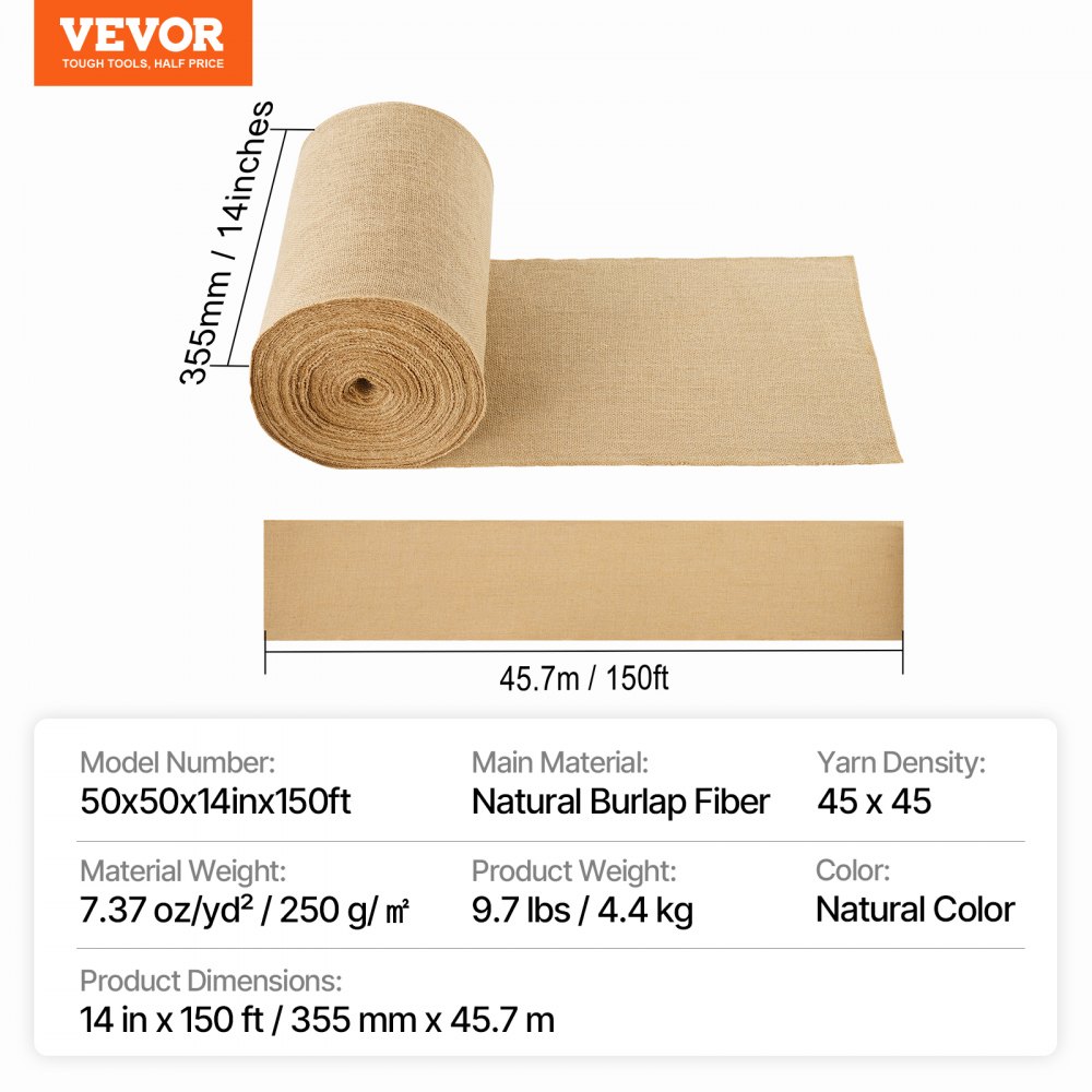 VEVOR Rollo de Tela de Arpillera de 355 mm x 45,7 m, 45 x 45 Rollos de Tela de Arpillera Natural de Alta Densidad de ancho, Rollo de Tela de Yute para Envolver Árboles, Decoración, Manualidades