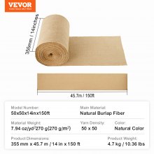 VEVOR Rollo de Tela de Arpillera Natural para Envolver Árboles de 355 mm x 45,7m