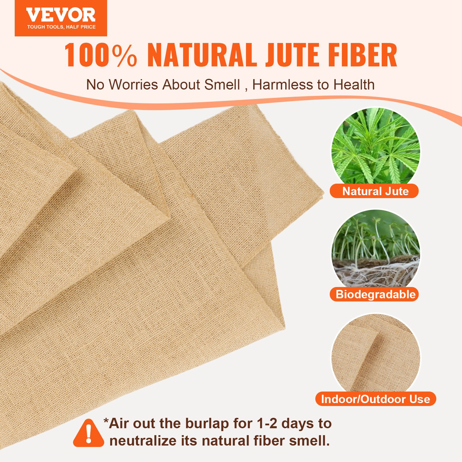VEVOR Rollo de Tela de Arpillera de 355 mm x 45,7 m, 45 x 45 Rollos de Tela de Arpillera Natural de Alta Densidad de ancho, Rollo de Tela de Yute para Envolver Árboles, Decoración, Manualidades