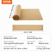 VEVOR Rollo de Tela de Arpillera Natural para Envolver Árboles de 914mm x 45,7 m