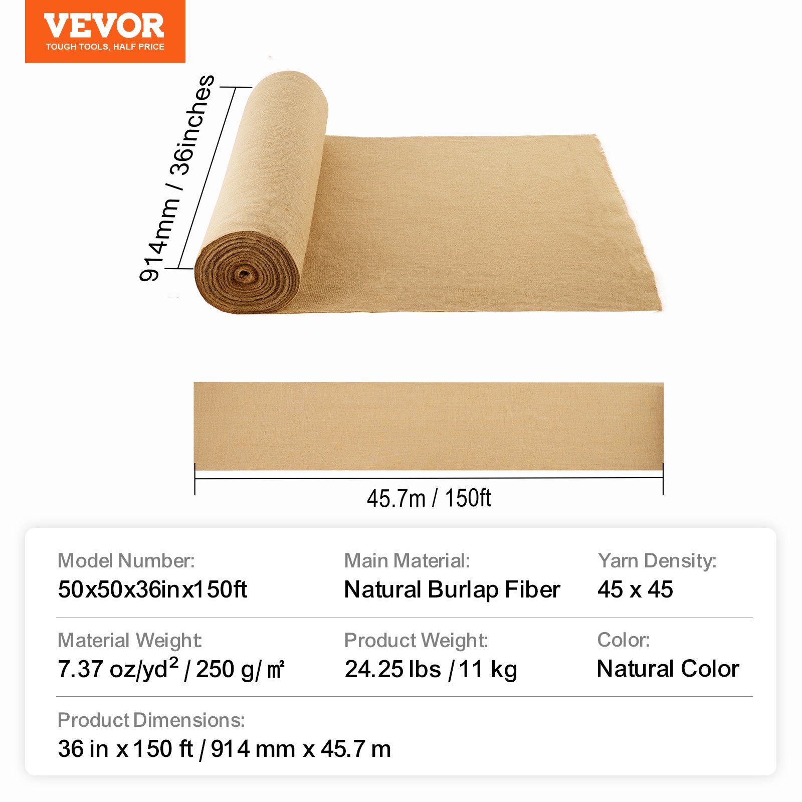 VEVOR Rollo de Tela de Arpillera de 914 mm x 45,7 m, 45 x 45 Rollos de Tela de Arpillera Natural de Alta Densidad de ancho, Rollo de Tela de Yute para Envolver Árboles, Decoración, Manualidades
