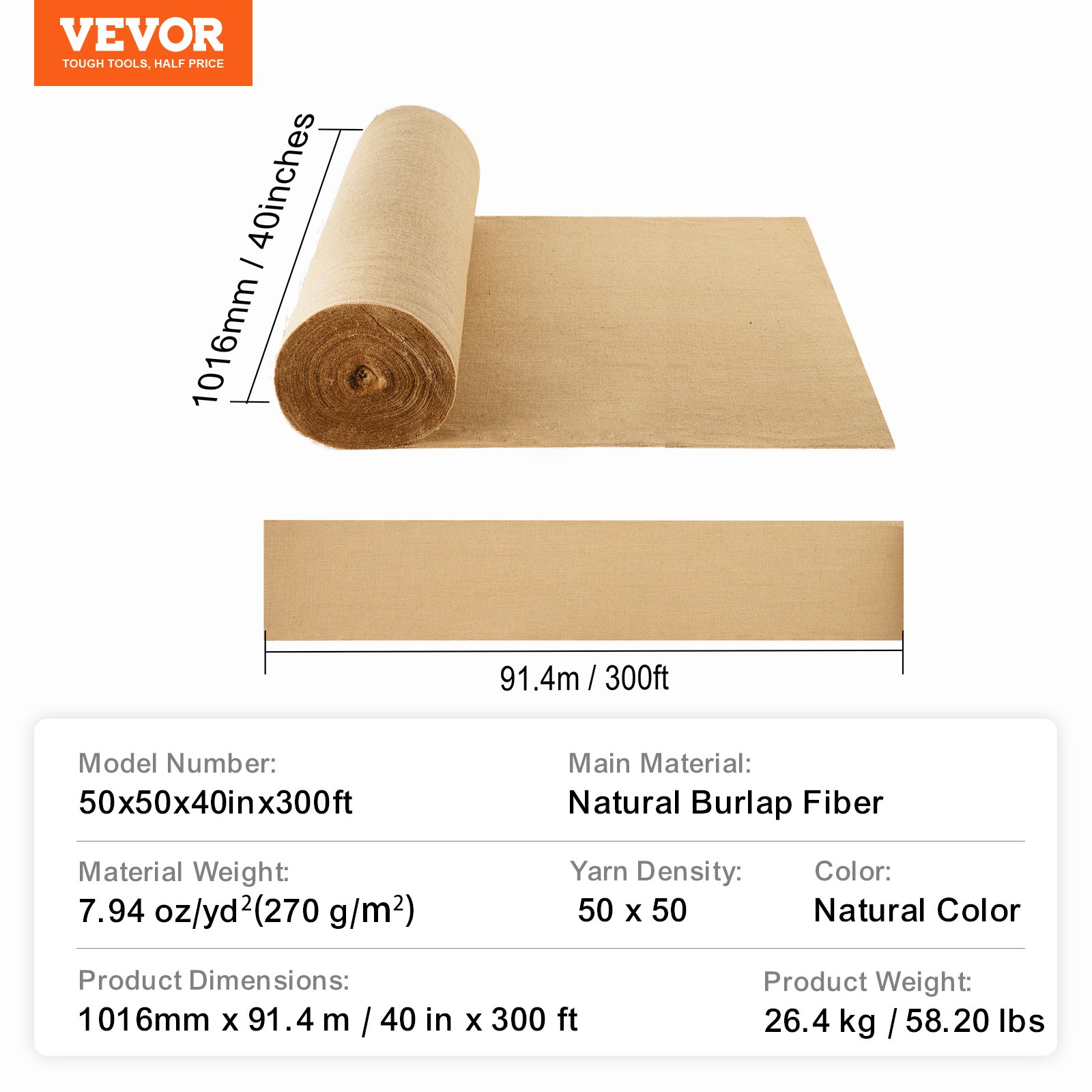 VEVOR Jute Fabric, Burlap Fabric Roll, 50x50 High-Density Wide Natural Burlap Fabric Rolls, 1016mm x 91.4m, for Decoration, Crafts, Wedding, Gardening, Plant & Tree Winter Cover