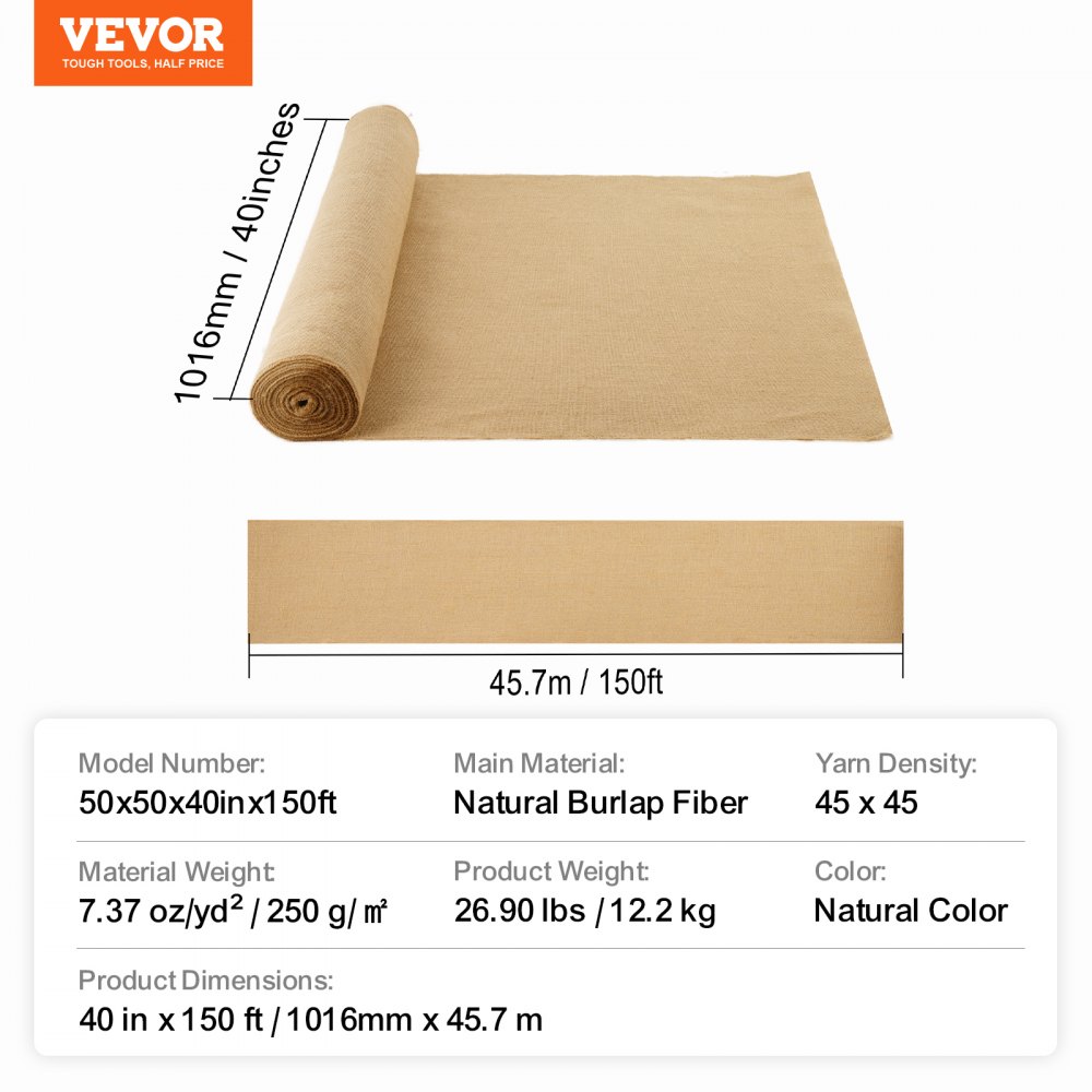 VEVOR Rollo de Tela de Arpillera de 1016 mm x 45,7 m, 45x 45 Rollos de Tela de Arpillera Natural de Alta Densidad de ancho, Rollo de Tela de Yute para Envolver Árboles, Decoración, Manualidades