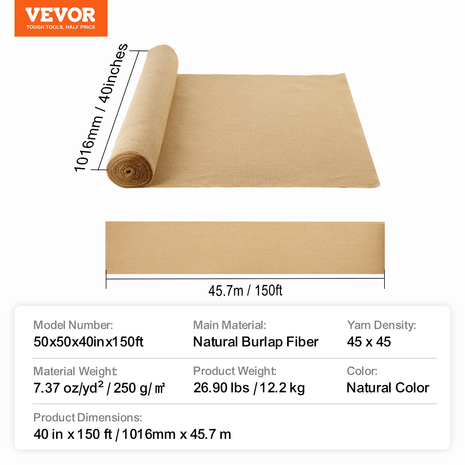 VEVOR Rollo de Tela de Arpillera de 1016 mm x 45,7 m, 45x 45 Rollos de Tela de Arpillera Natural de Alta Densidad de ancho, Rollo de Tela de Yute para Envolver Árboles, Decoración, Manualidades