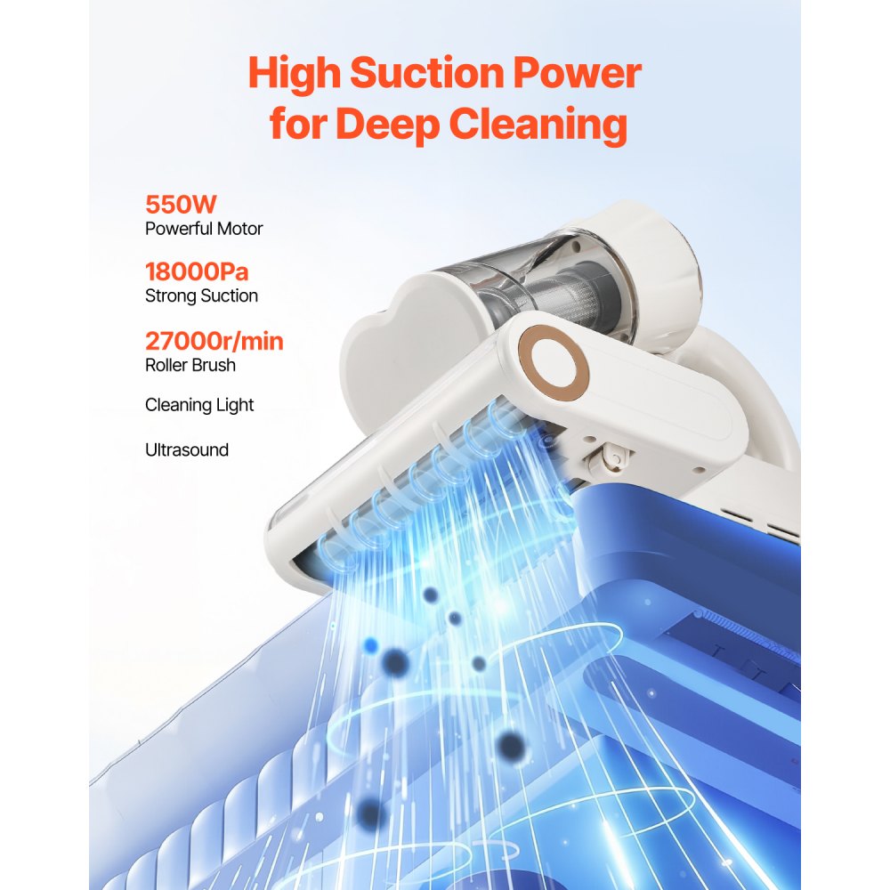 VEVOR Aspiradora de Colchones de 550 W con Potente Succión de 18 kPa Doble Depósito de Polvo Filtro HEPA y Calefacción Tecnología Ultrasónica y Luces de Limpieza con Cable para Cama, Sofá, Blanco